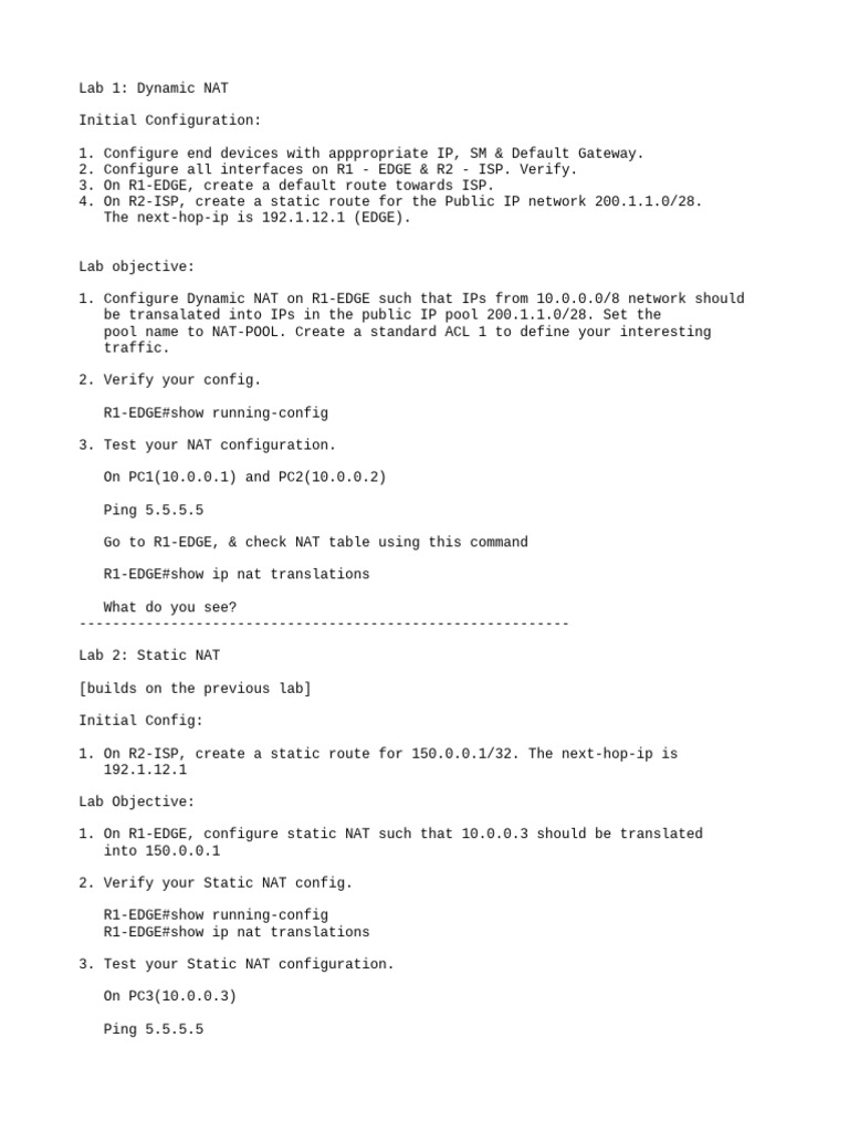 Configure Dynamic NAT in Lab 1 | PDF