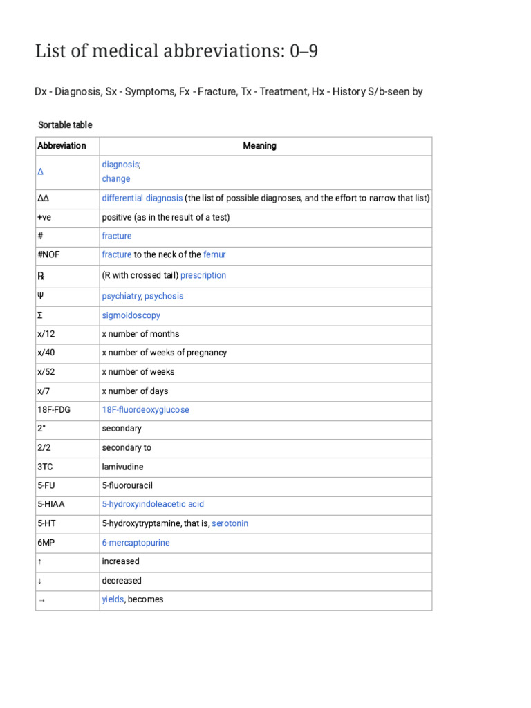 List of Medical Abbreviations - 0-9 - Wikipedia | PDF