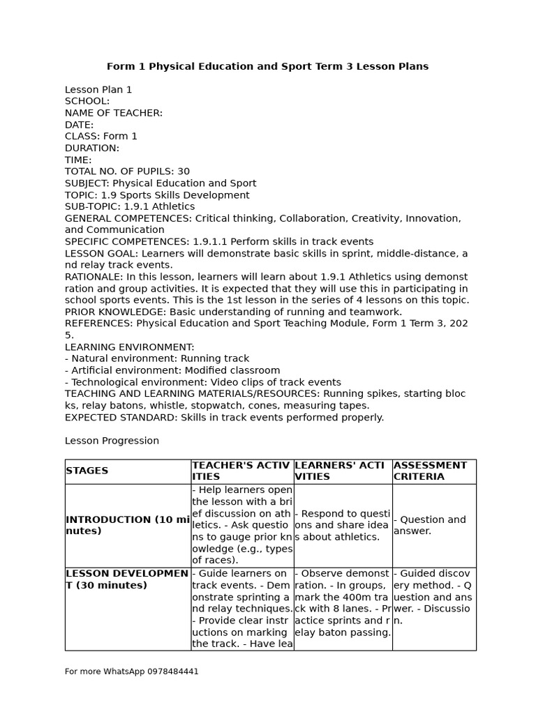 Form 1 Physical Education and Sport Term 3 Lesson Plans | PDF ...