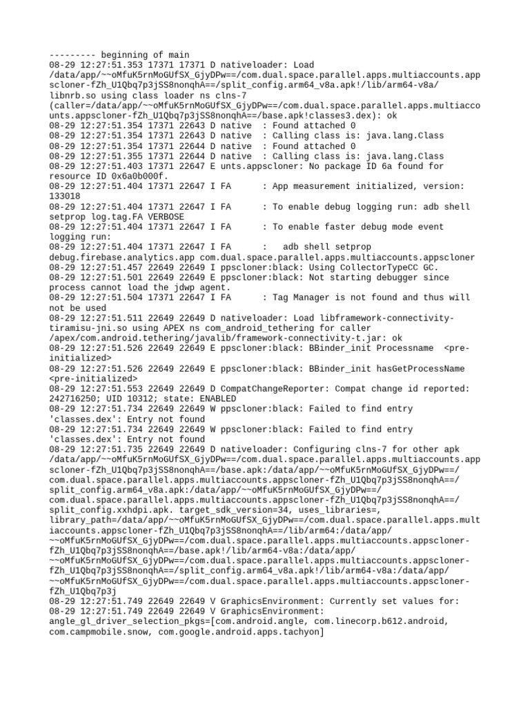 Com - Dual.space - Parallel.apps - Multiaccounts.appscloner Logcat | PDF |  Android (Operating System) | System Software