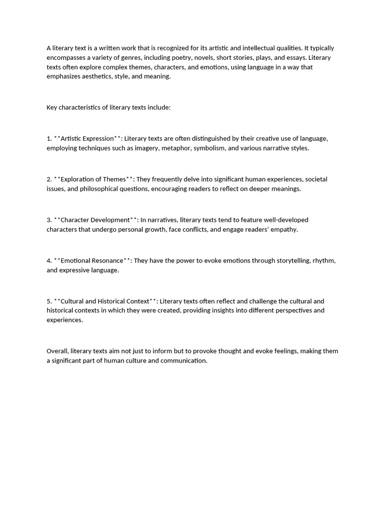 A Literary Text Is A Written Work That Is Recognized For Its Artistic ...