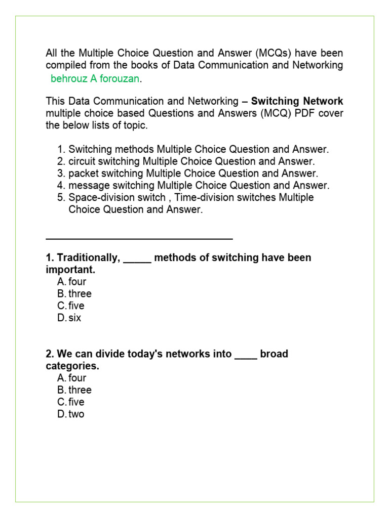Switching Methods MCQs and Answers | PDF | Computer Network ...