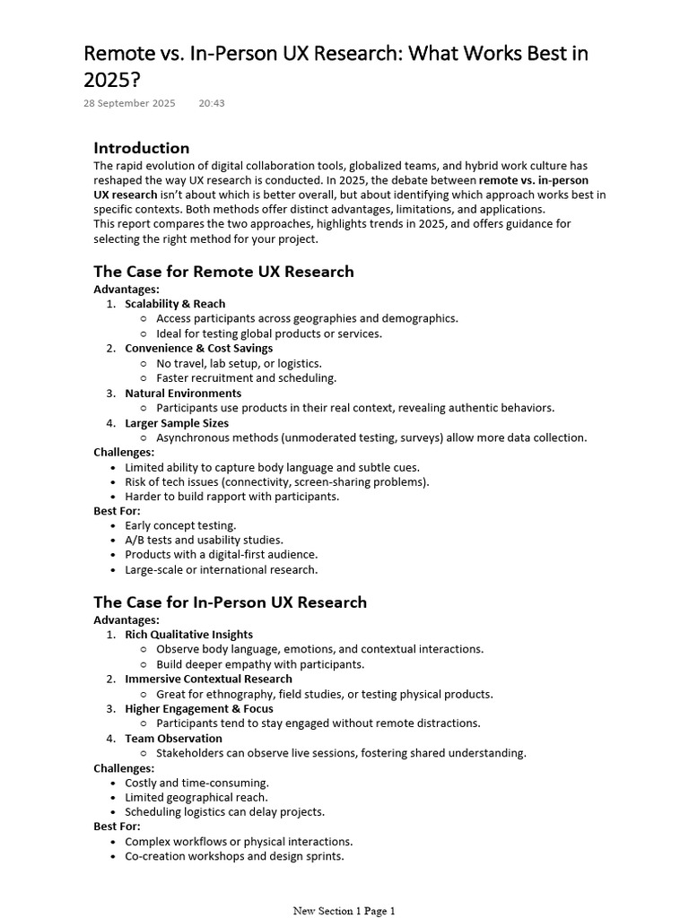 Remote vs. In-Person UX Research 2025 | PDF | Usability | Human ...