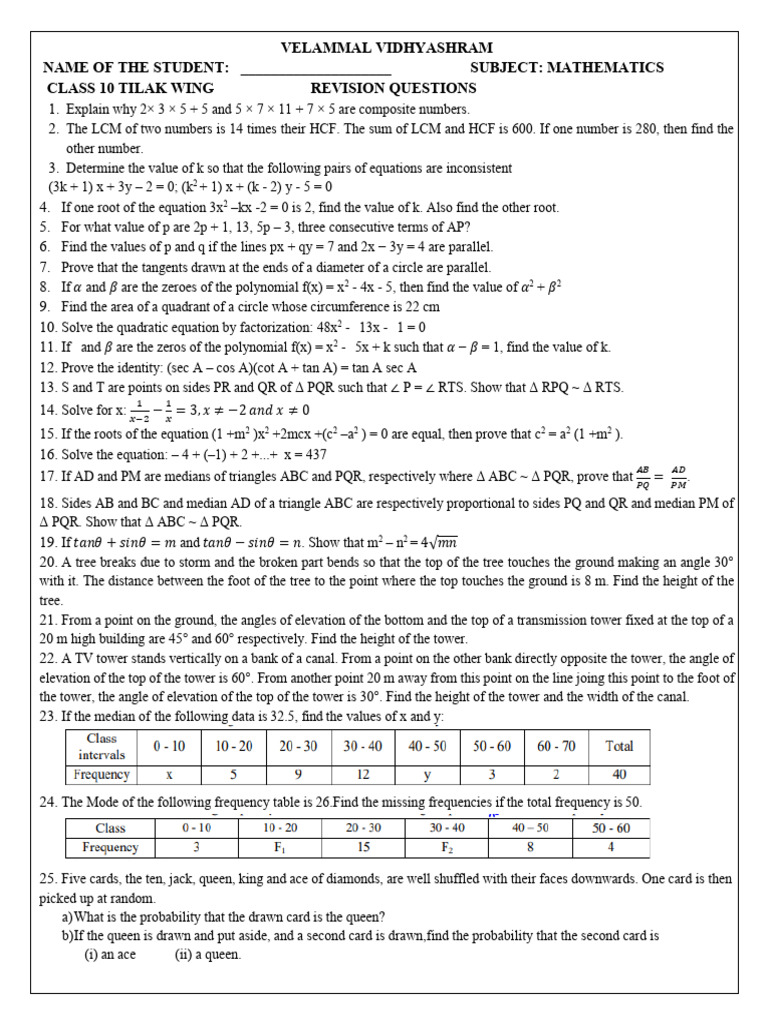 Class 10 Maths Revision Ws - 14.08.2025 | PDF | Zero Of A Function | Circle