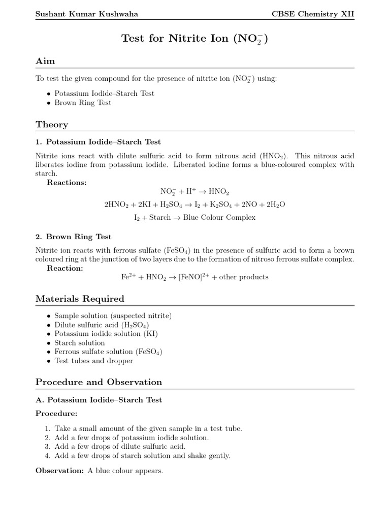 Chemistry Practical NO2 CBSE XII 25 26 | PDF | Sulfate | Nitrite