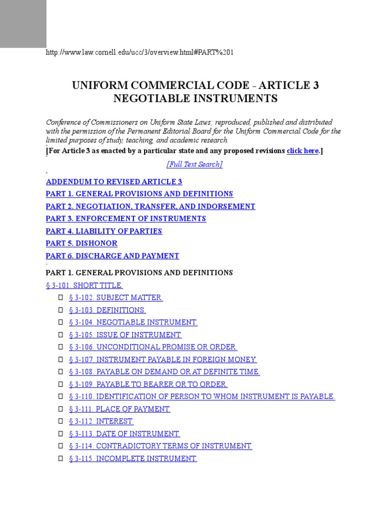 UCC 3 Full Text Negotiable Instrument Cheque