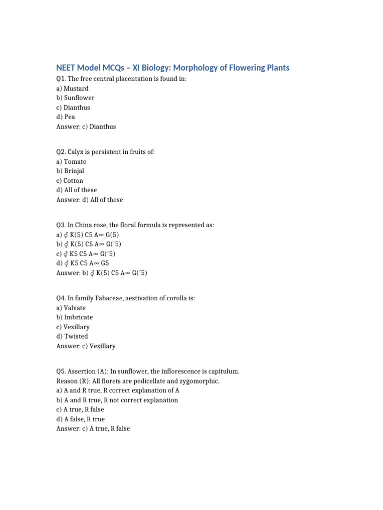 NEET MCQs on Flowering Plant Morphology | PDF | Petal | Plant Stem