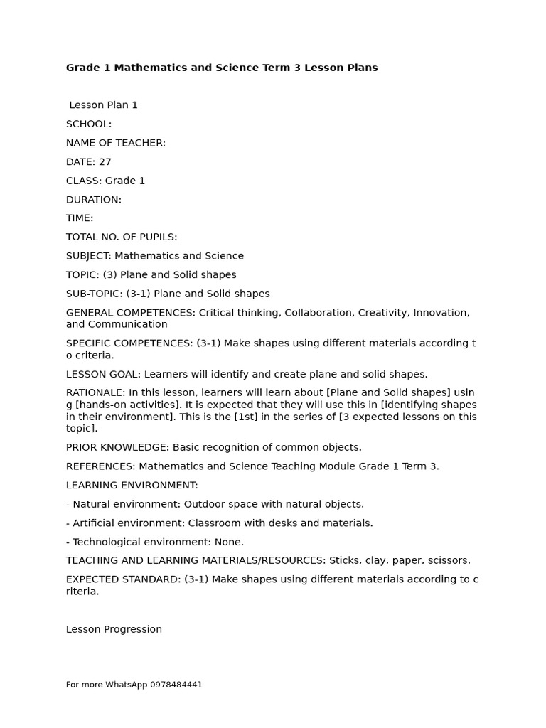 Grade 1 Term 3 Math Lesson Plans | PDF | Lesson Plan | Learning