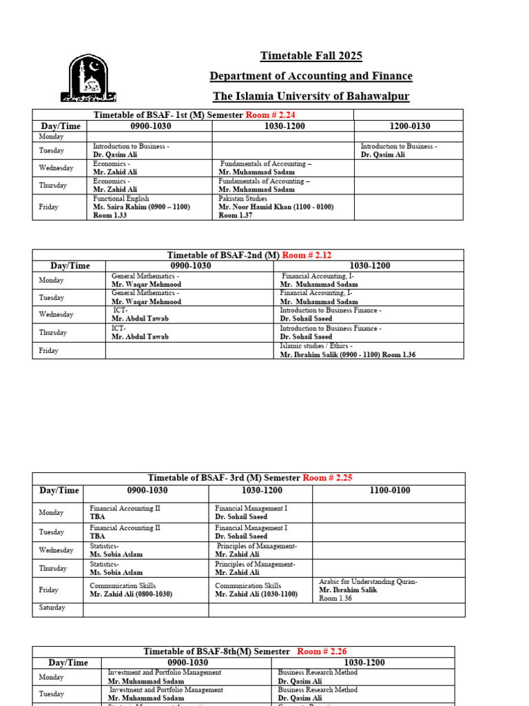 BSAF Fall 2025 Timetable - Islamia University | PDF | Business