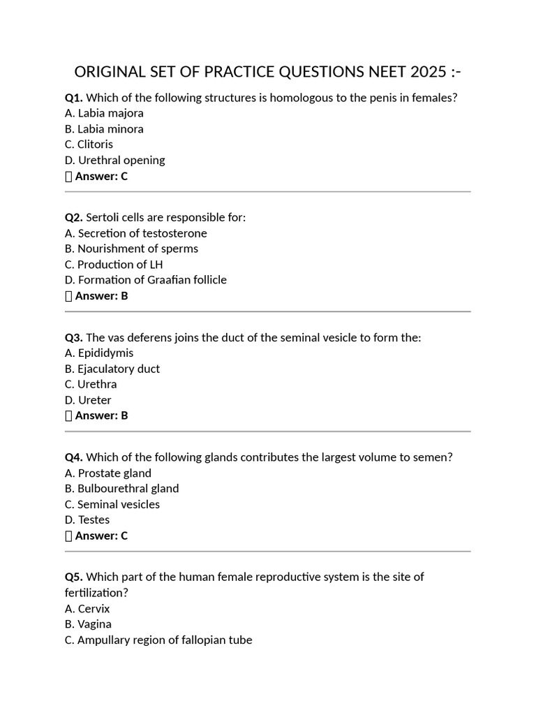 Original Set of Practice Questions Neet 2025 | PDF | Menstrual Cycle ...