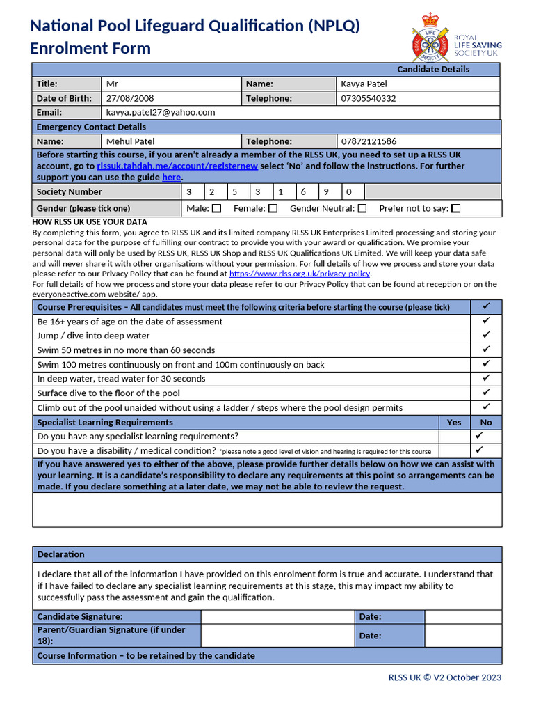 NPLQ10 Enrolment Form South Oxhey ET | PDF