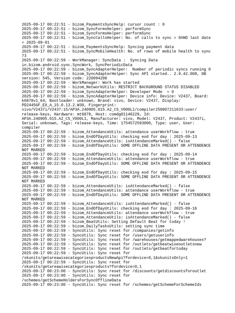 Bizom Sync Data Log Analysis | PDF