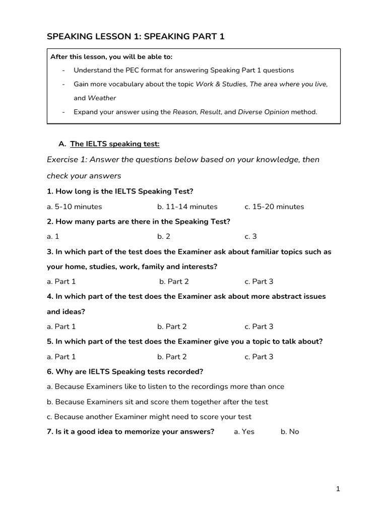 (INT) Speaking 1 - Speaking Part 1 | PDF | International English ...