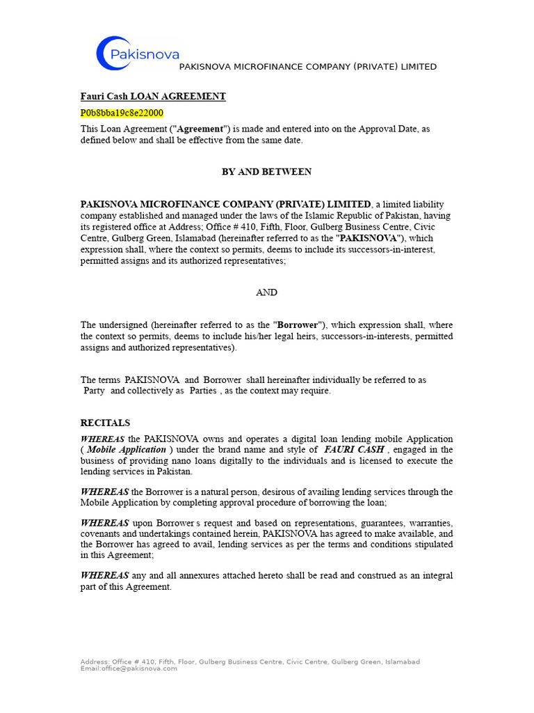 Fauri Cash Loan Agreement Agreement: Pakisnova Microfinance Company ...