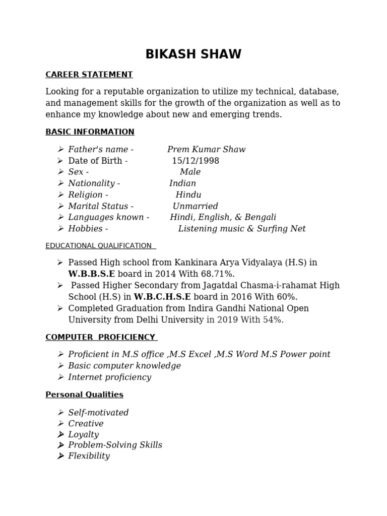 Bikash Shaw's Career Profile Summary | PDF