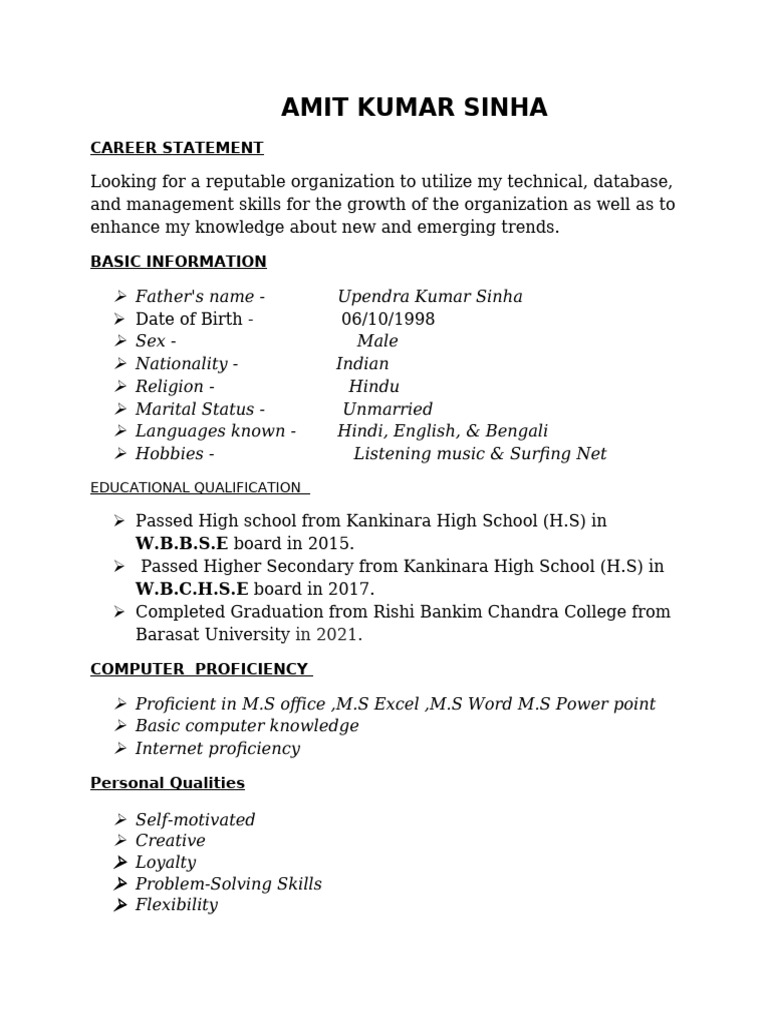 Amit Kumar Sinha Fresher | PDF