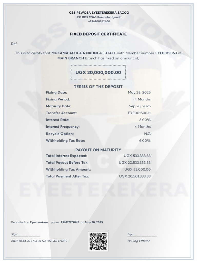 Fixed Deposit Certificate for UGX 20M | PDF