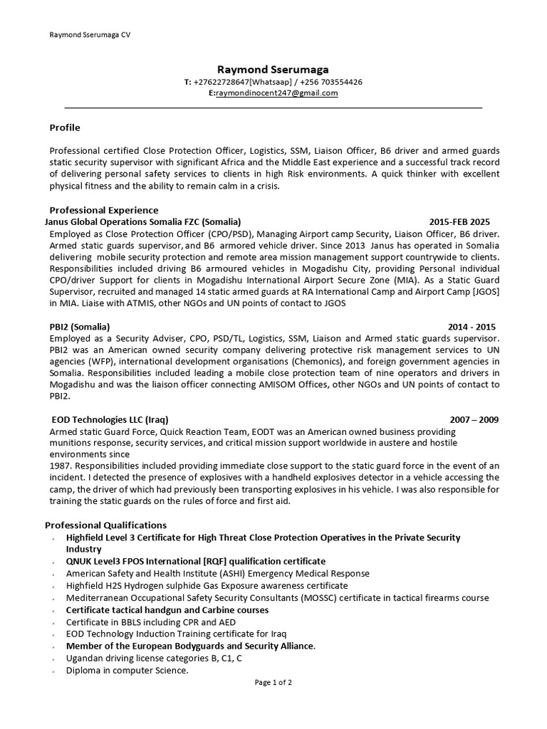 Raymond Sserumaga: Security Professional CV | PDF