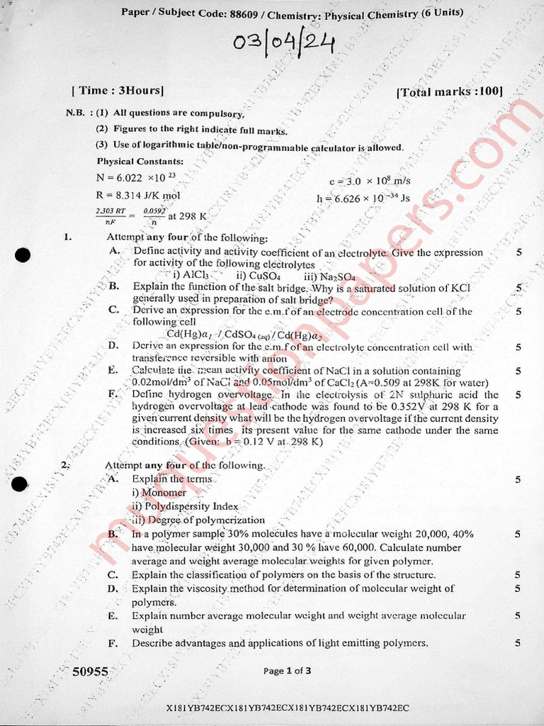 Science BSC Chemistry Semester 6 2024 April Physical Chemistry 6 Units ...
