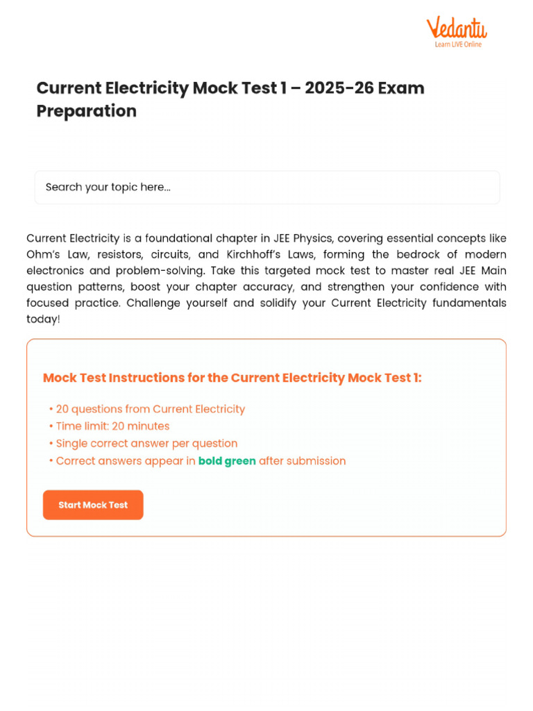 Current Electricity Mock Test 1 - 2025-26 Exam Preparation | PDF