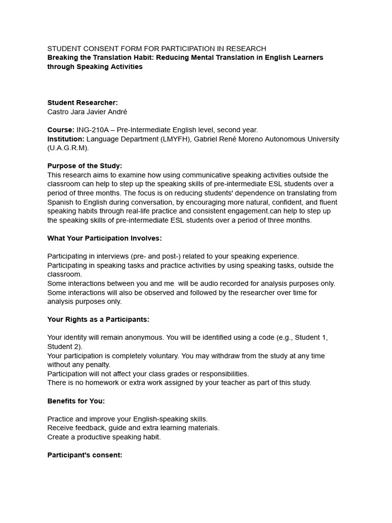 Student Consent Form For Participation in Research | PDF