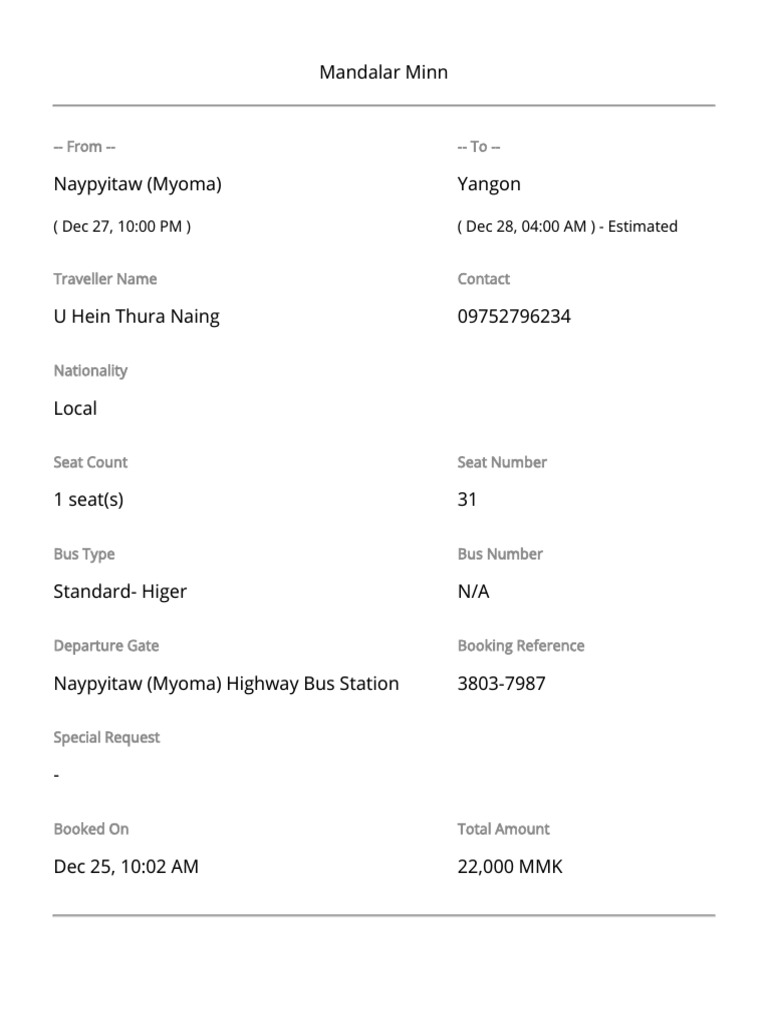 Naypyitaw to Yangon Bus Ticket Details | PDF