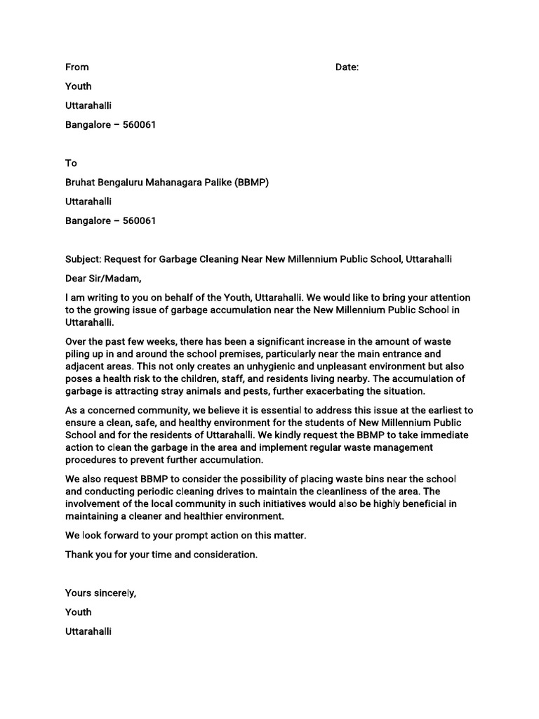 Garbage Cleanup Request for Uttarahalli School | PDF