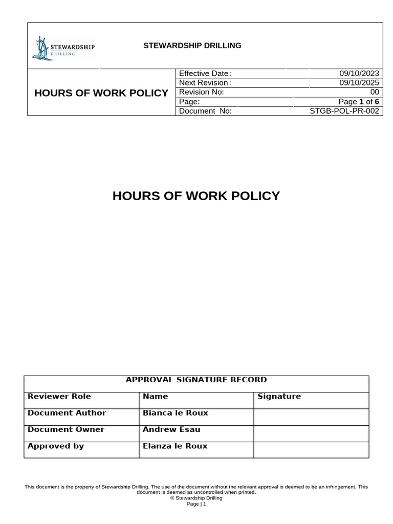 Stewardship Drilling Work Hours Policy | PDF | Workweek And Weekend ...