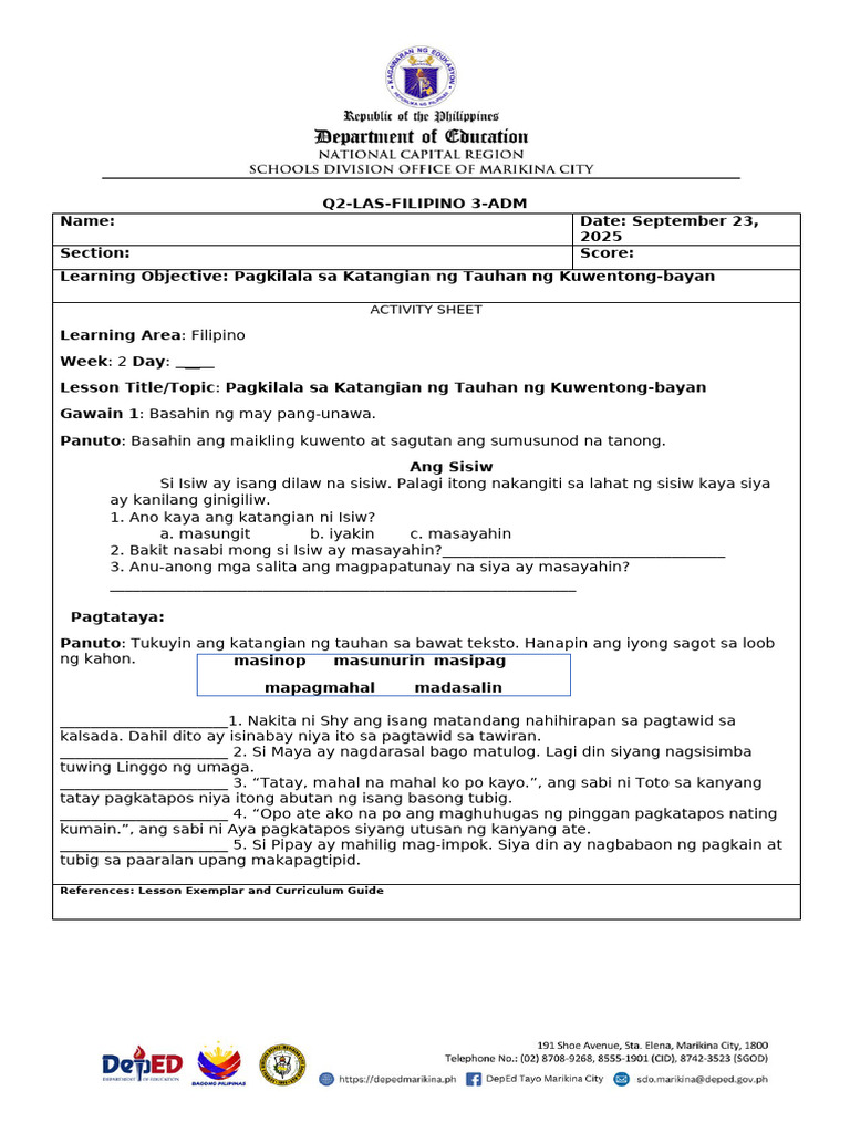 Filipino Adm Activity Sheet September 232024 | PDF