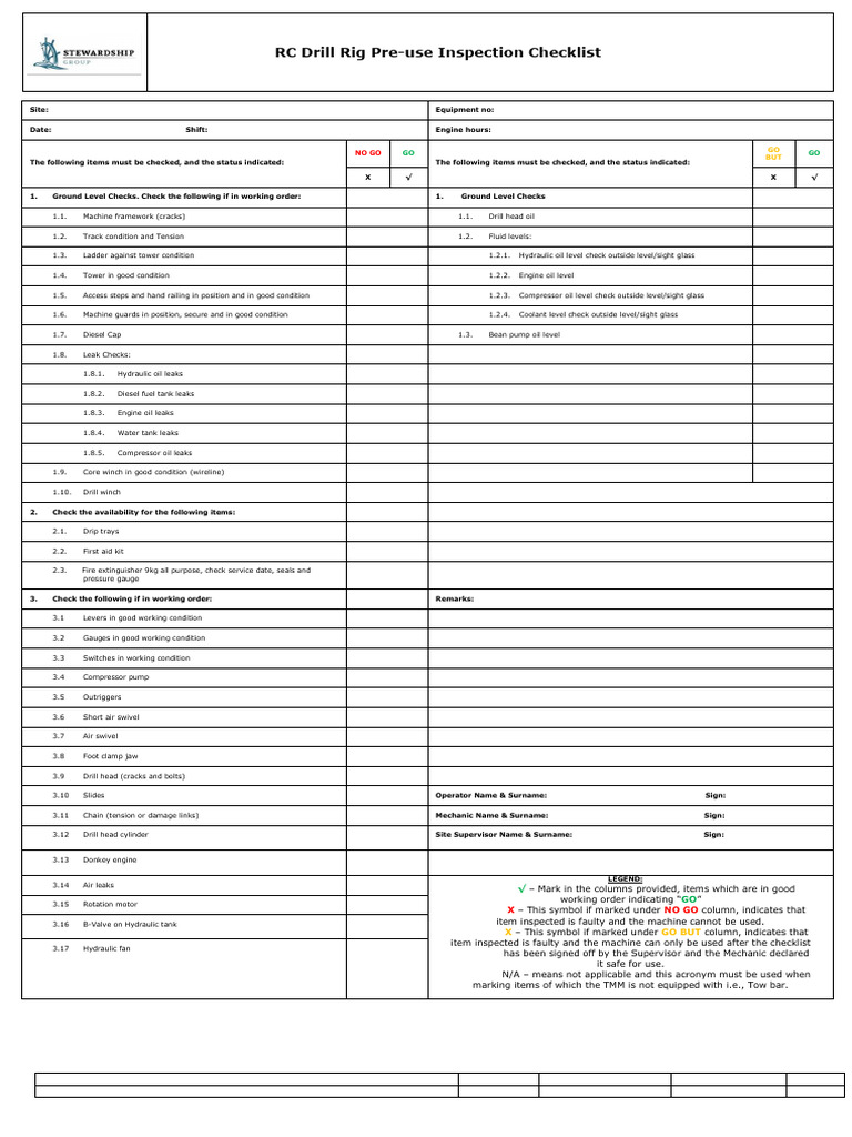 Drill Rig Pre-Start Inspection Checklist | PDF | Mechanical Engineering