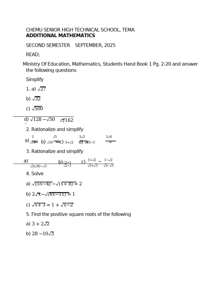 Additional Maths Tutorial Form One | PDF