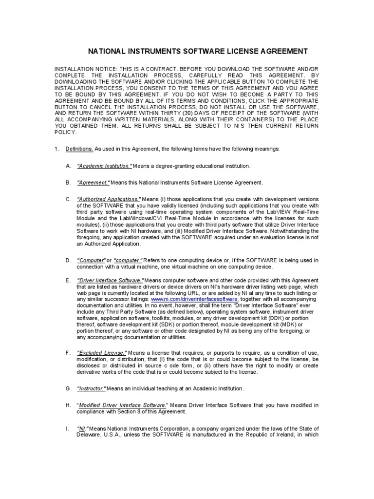 National Instruments Software License Agreement PDF License Software
