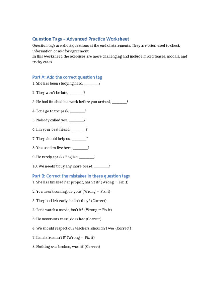 Advanced Question Tags Practice Worksheet | PDF