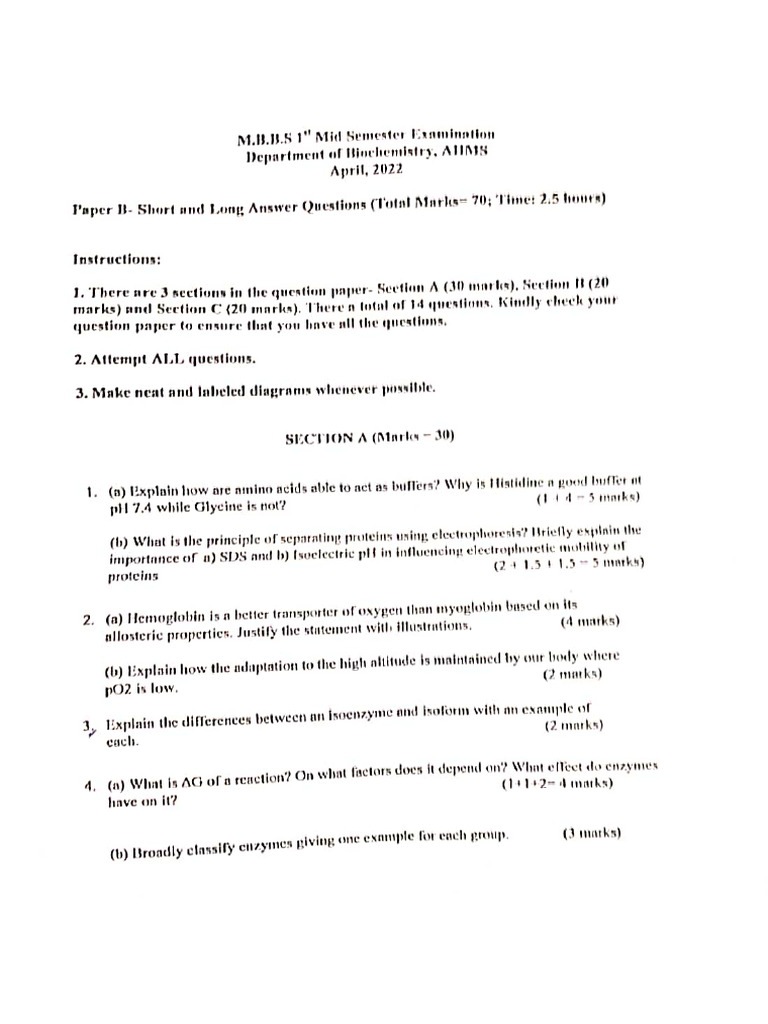 Biochem 1st Mid Sem Pyqs | PDF