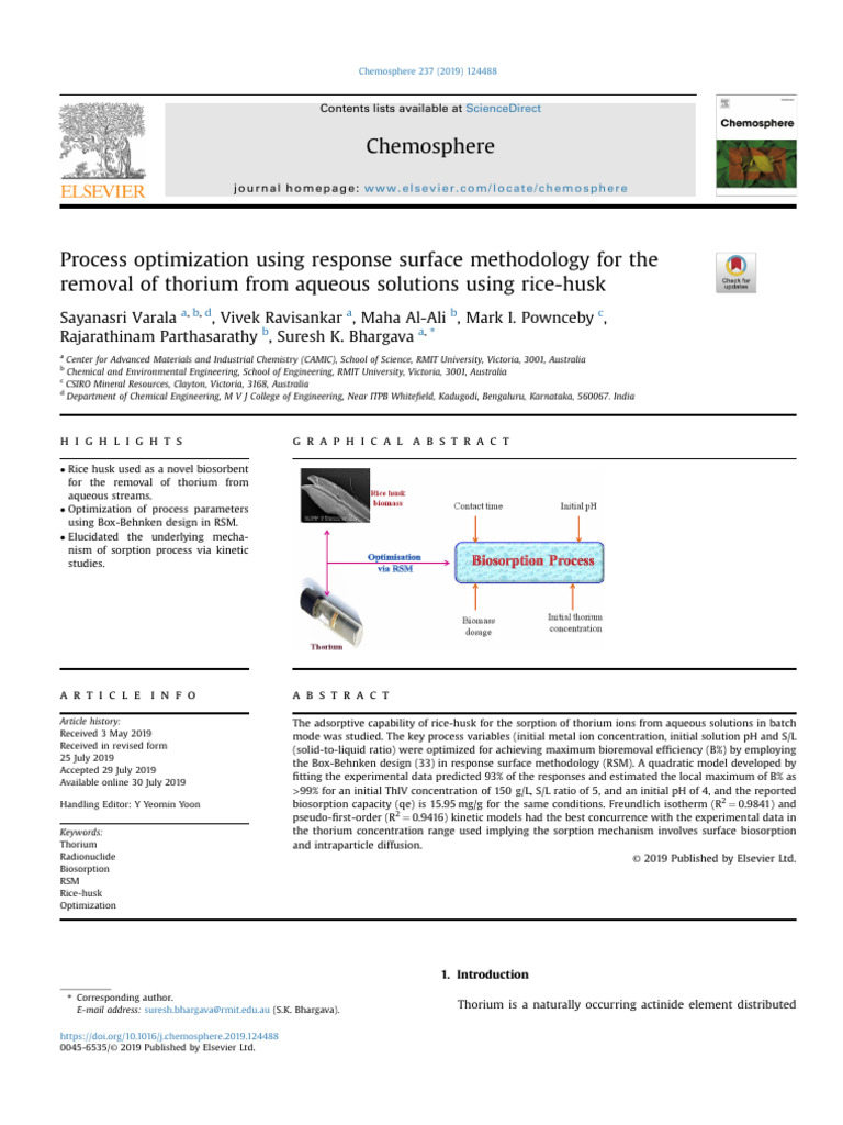 Thorium Removal Using Rice Husk Optimization | PDF | Adsorption | Ph