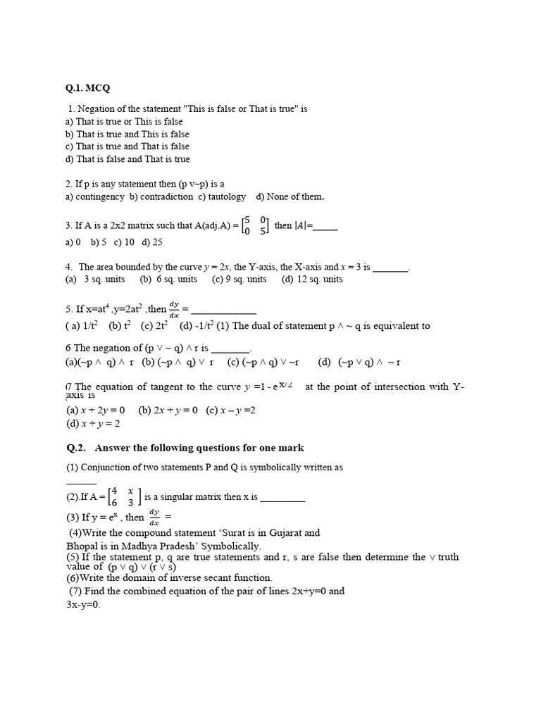 Math and Logic MCQs with Solutions | PDF | Function (Mathematics ...