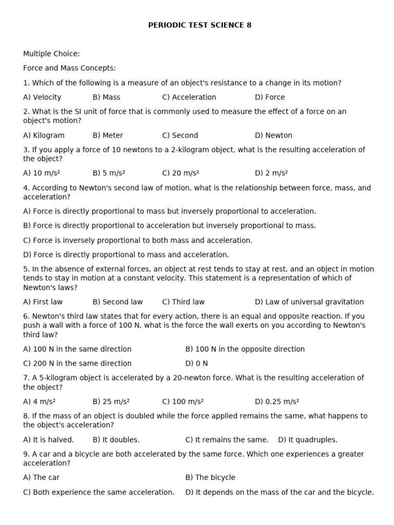 Science 8: Force, Mass, and Motion Quiz | PDF | Force | Newton's Laws ...