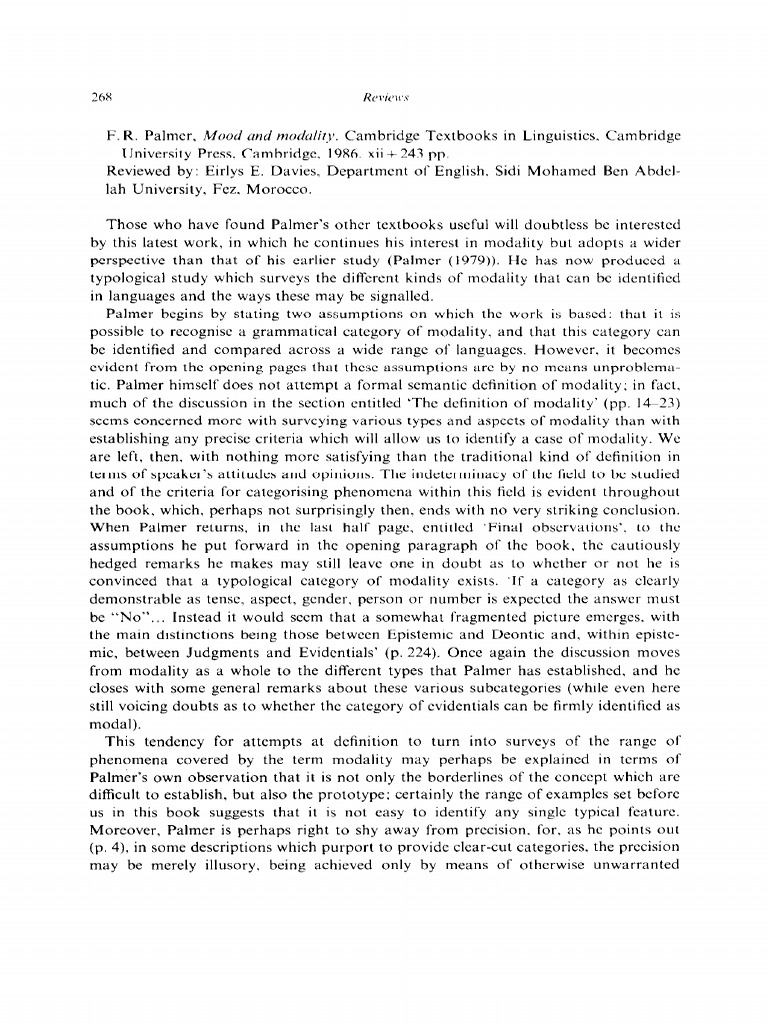 Review of Palmer's Modality Study | PDF | Epistemology | Interpretation ...