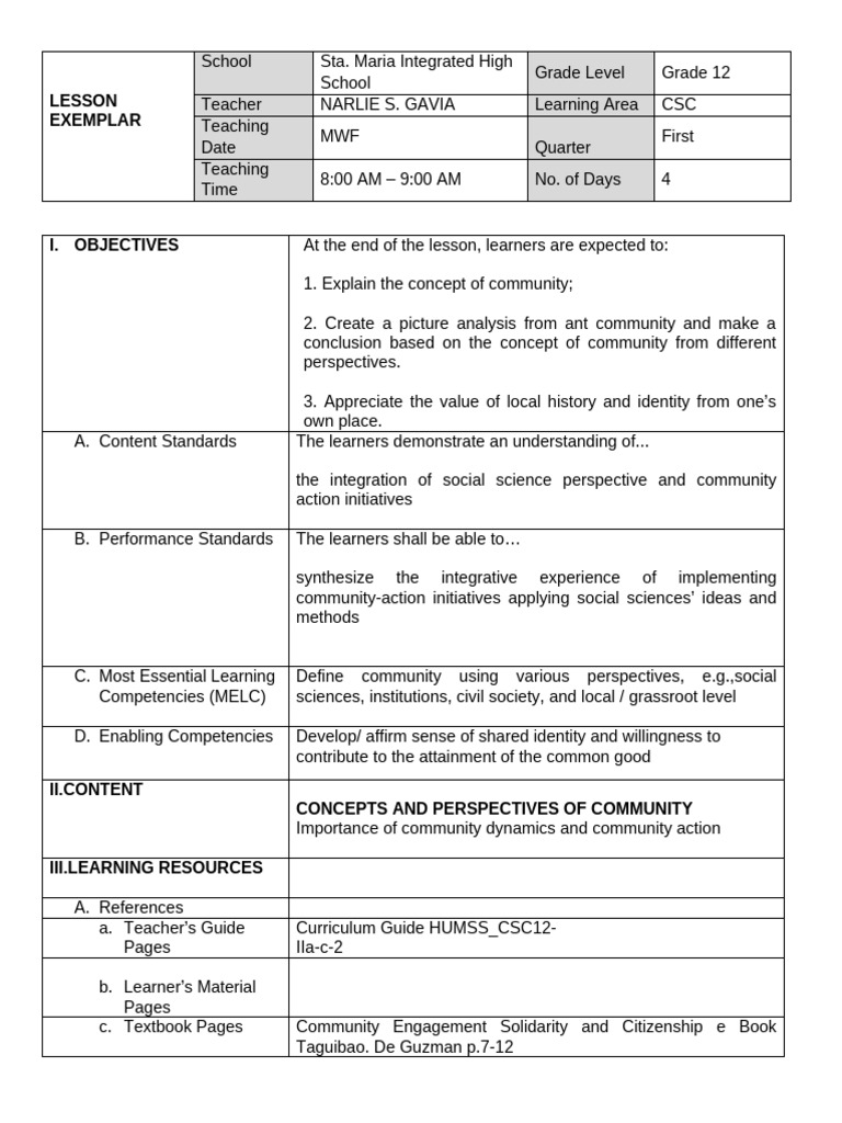 Community Concepts in Grade 12 CSC Lesson | PDF | Concept | Social Sciences