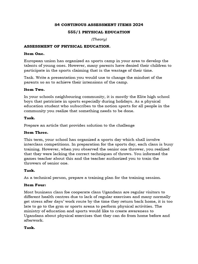S4 Physical Education Assessment Tasks 2024 | PDF | Sports | Physical ...