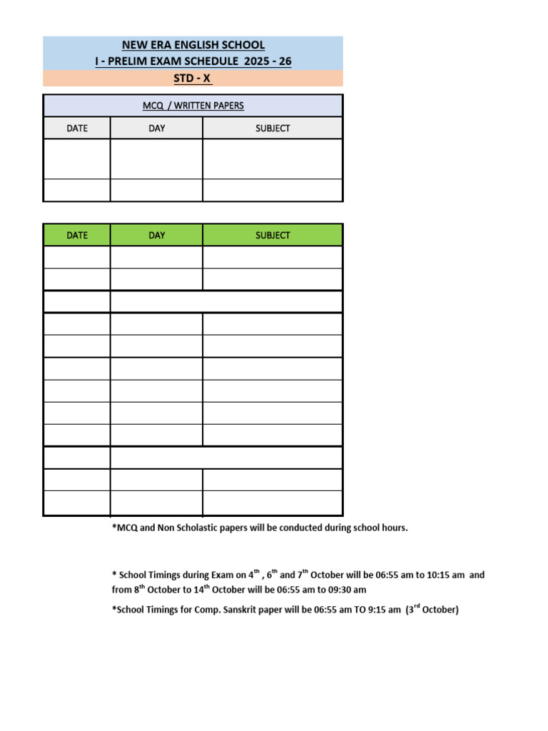 STD X Prelim Exam Schedule 2025-26 | PDF