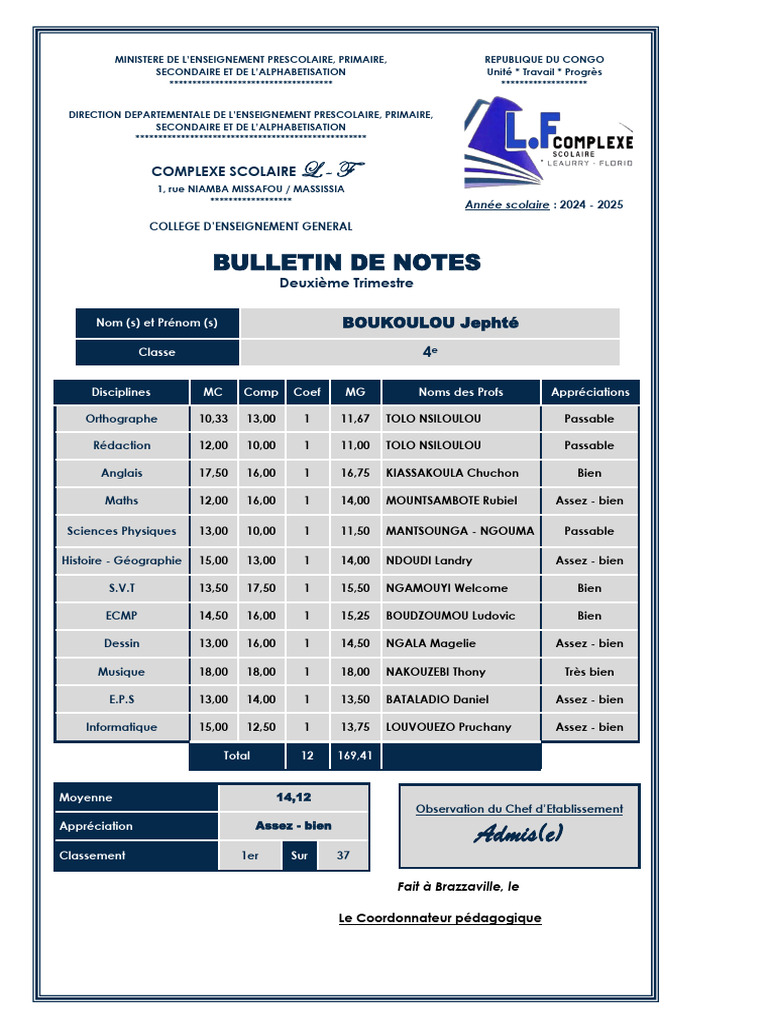 Bulletin de notes 4e Trimestre 2024-2025 | PDF | Sciences de la terre ...
