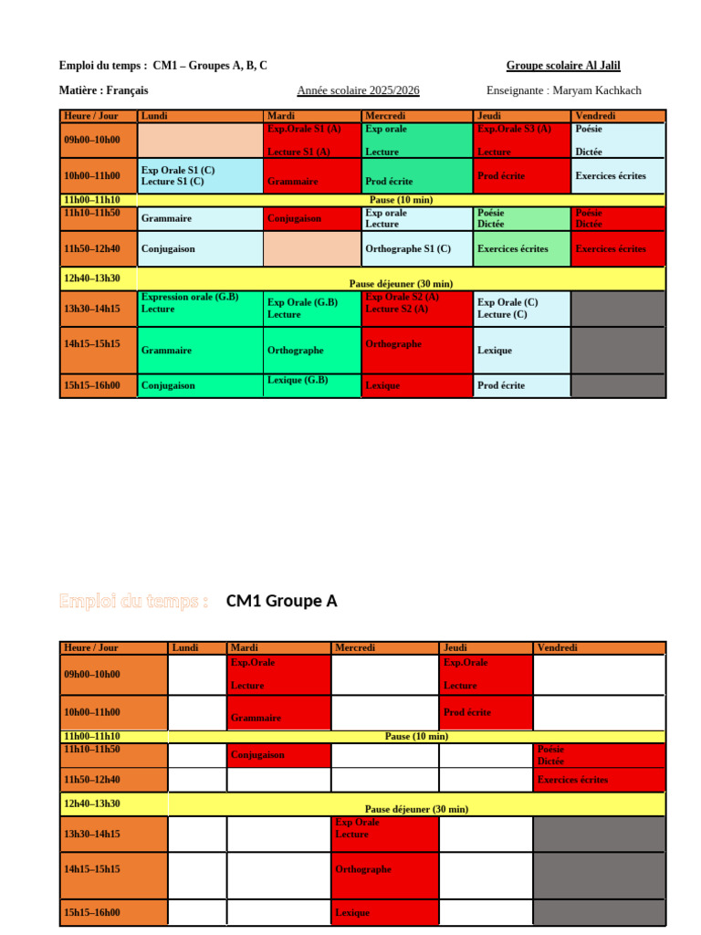 Emploi du temps CM1 2025/2026 | PDF | Linguistique | Grammaire