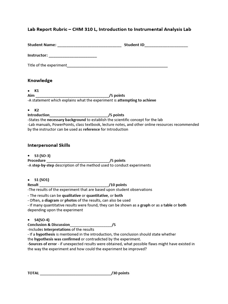 CHM 310 L Lab Report Evaluation Rubric | PDF