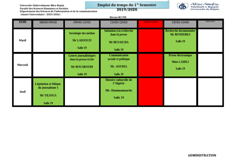 Emploi du temps M1 PIE 2025-2026 Bejaia | PDF | Science | Enseignement ...