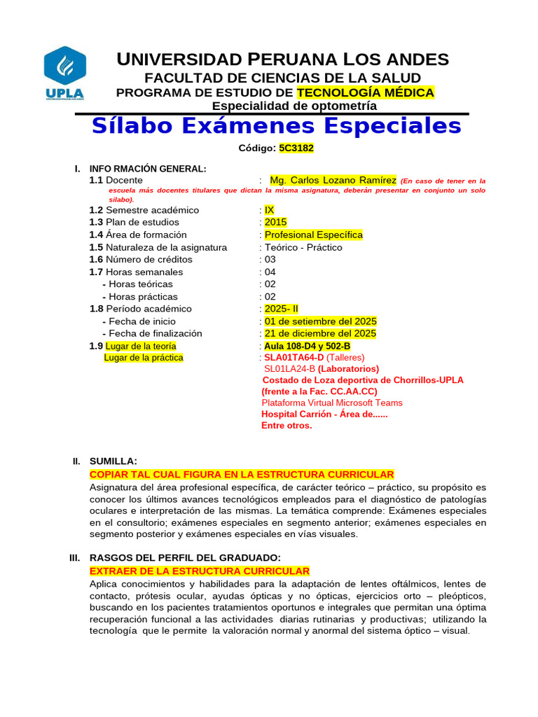 Sílabo de Exámenes Especiales en Optometría | PDF | Aprendizaje | Caso ...