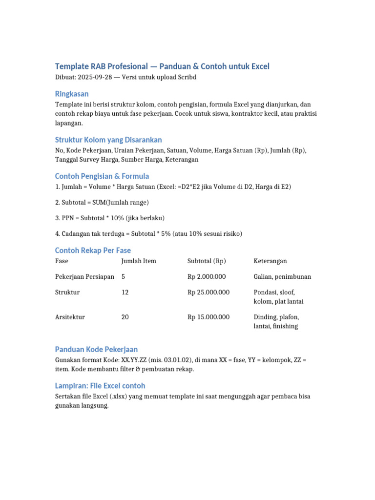 Template RAB Excel Profesional dan Contoh | PDF