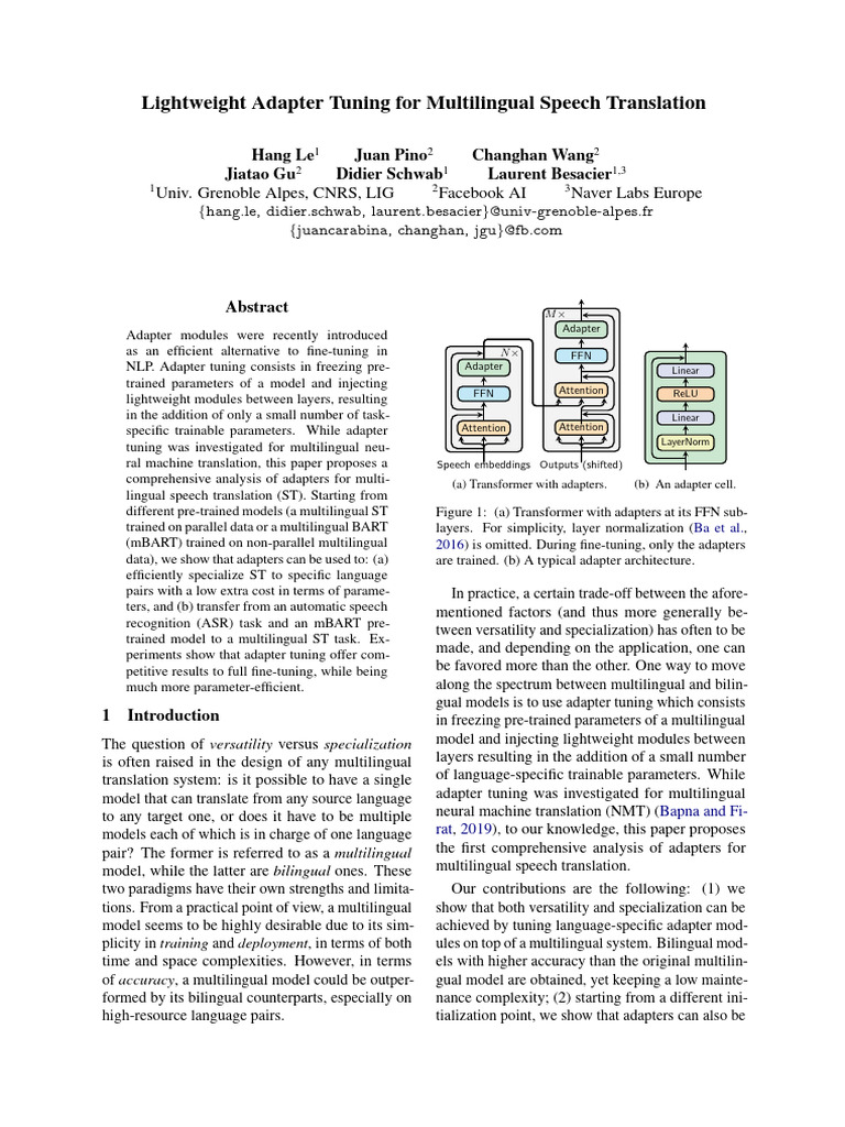 Adapter Tuning for Multilingual Speech Translation | PDF | Algorithms ...