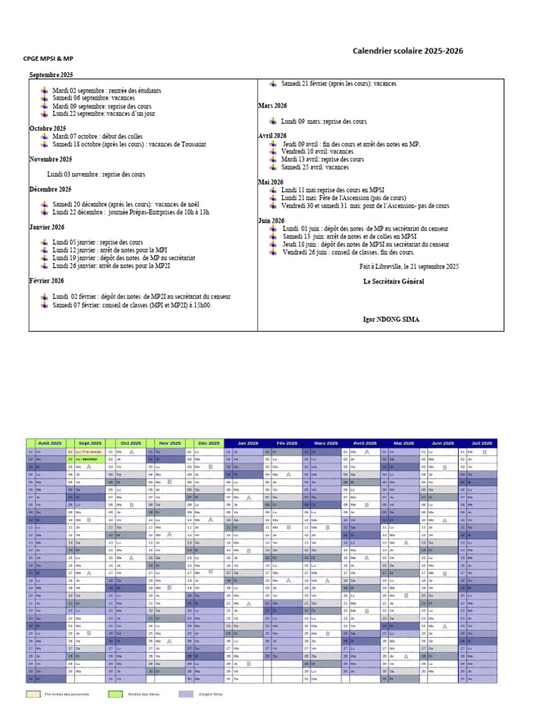 Calendrier Scolaire CPGE MPSI & MP 2025-2026 | PDF | Niveaux d ...