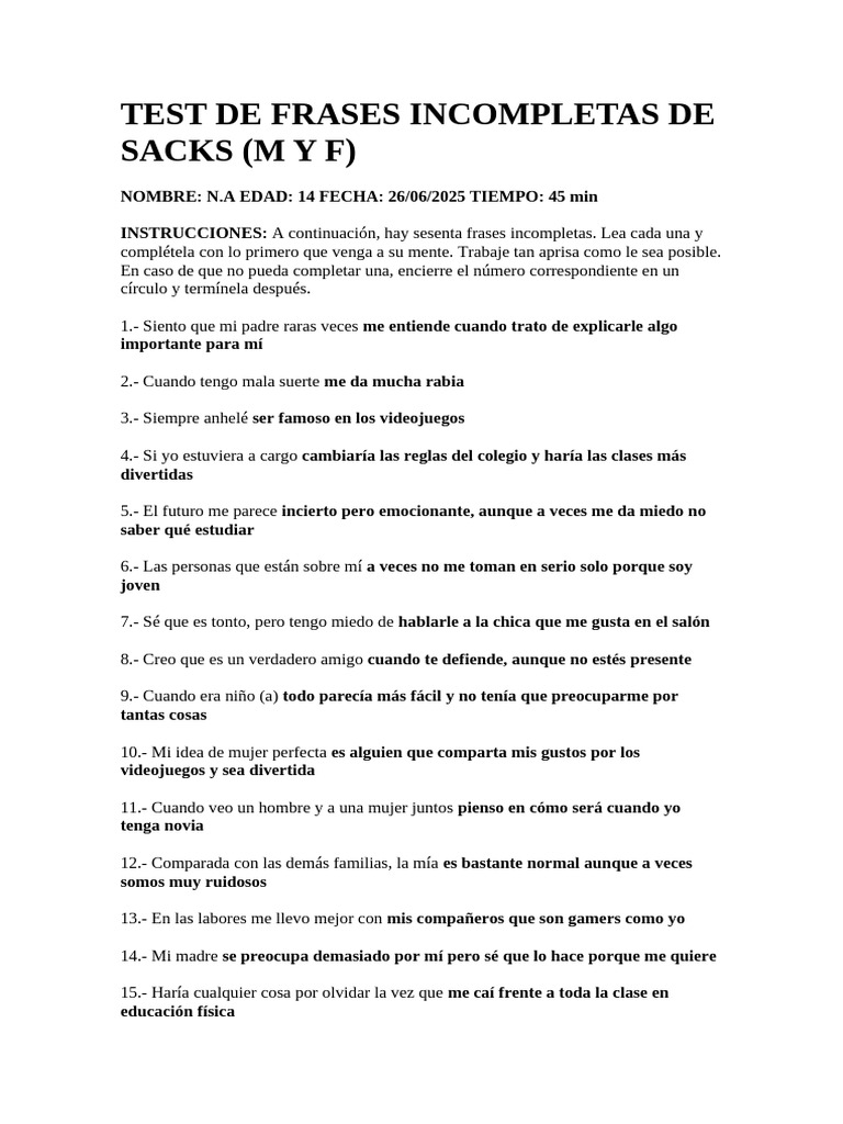 Test de Frases Incompletas de Sacks | PDF